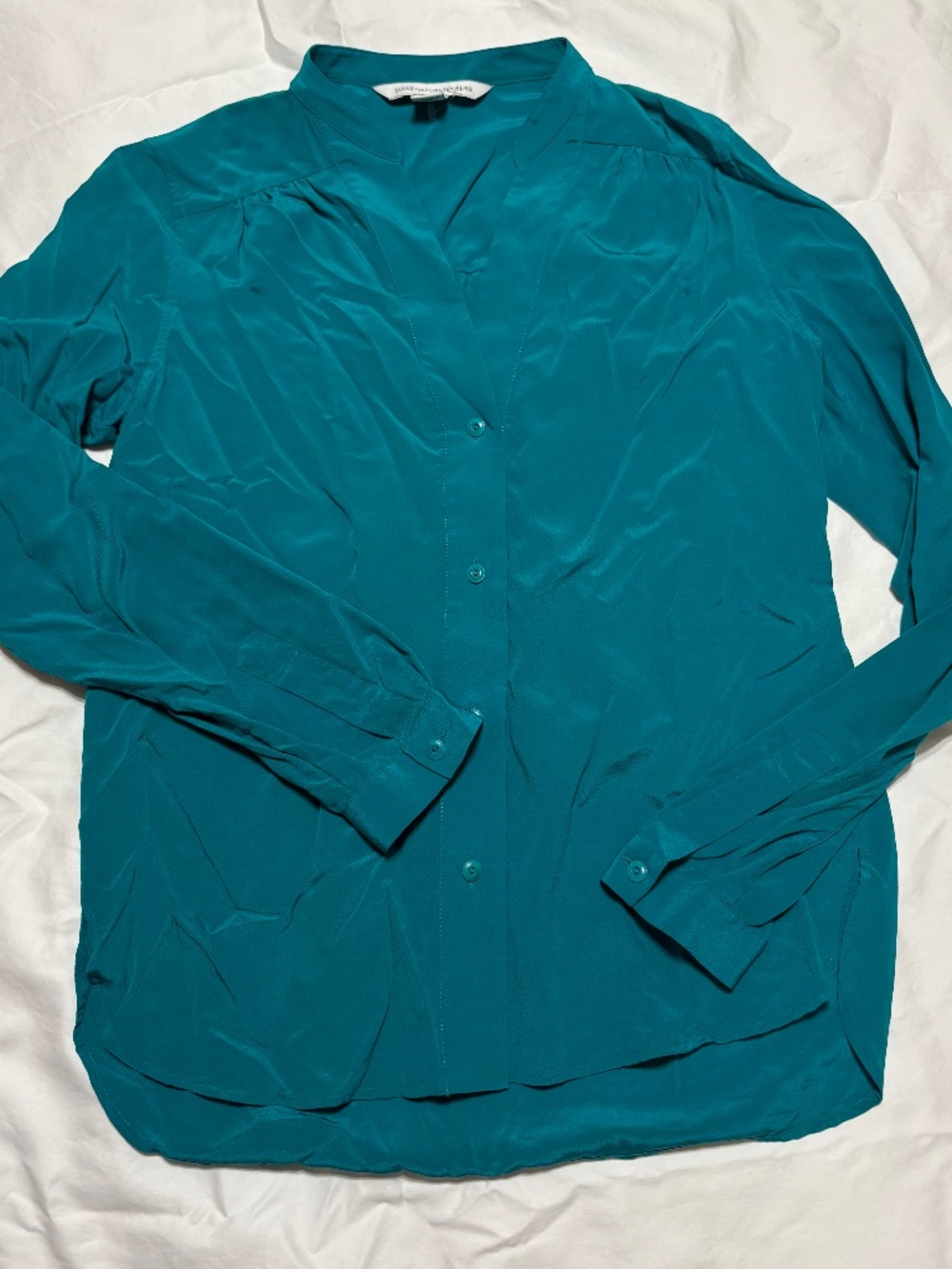 Diane von Furstenberg DVF Harlow 100% Silk Blouse Teal Blue Size 4 NWOT
